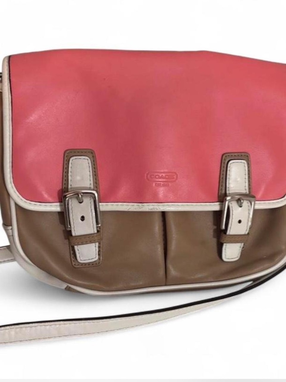 Coach Pink and Tan Leather Crossbody Satchel with Cream Trim